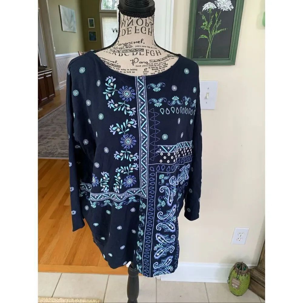 NWT J. Jill Navy Blue Floral Embroidered Blouse Boho Pullover 3/4 Sleeve